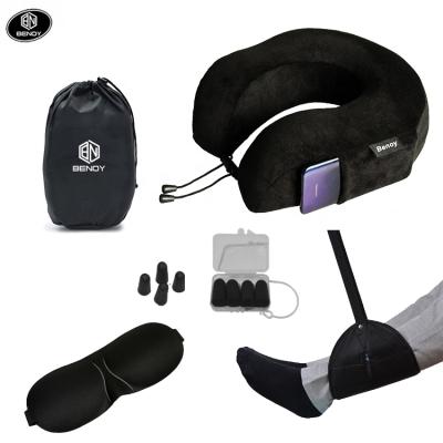 China Outdoor Travel Car Rest Amazon Airplane Memory Foam Neck Pillow Travel Set Kit with Eye Mask Ear Plugs and Swing Foot Rest for sale