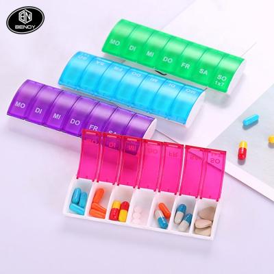 China Eco-friendly Amazon Portable Weekly Pill Organizer Push Button 7 Day Weekly Pill Box Daily Travel Medicine Organizer for sale