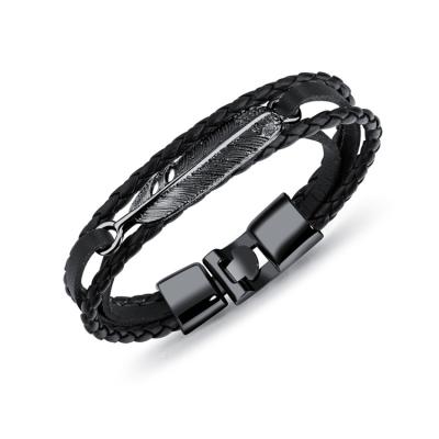 China Romantic Hot Sale PU Feather Leather Bracelet Braided Multi Leather Bracelet for sale