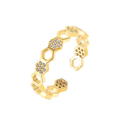 China Cute Hexagon Girls Ring Stainless Steel Gold Open Finger Rings Lead Free Nickel Free Rhinestone for sale