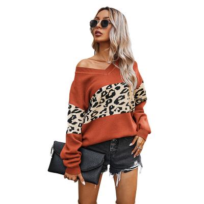 China Anti-wrinkle fashion 2020 autumn and winter simple v-neck blend new colors leopard knitted print woman knit crop sweater women's clothing for sale