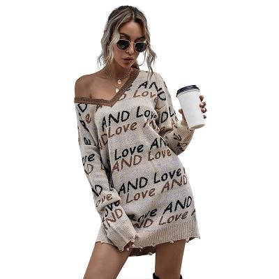 China 2020 fashions anti-pilling sleeve letter pattern long -shoulder round neck knitted top knitted women sweater women for sale