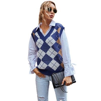 China 2020 Fashion V-Neck Plaid Vest Lady Women Anti-pilling Falling Custom Women Knit Knitted Woman Sweater for sale