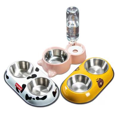 China Support Sample Service Cartoon Pet Bowl Dog and Cat Food Set Double Bowl Silica Gel Viable Pet Food Bowls for sale