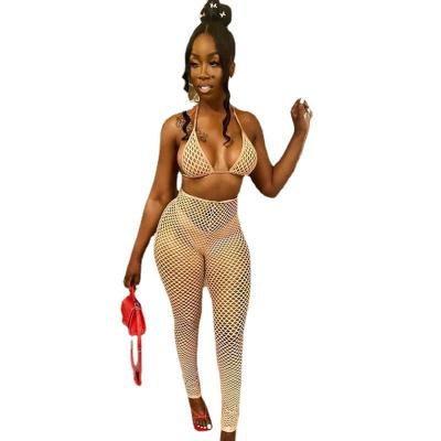 China QUICK DRY Halter Hollow See Through Summer 2022 Women's Skinny Sets 2 Piece Set Women for sale