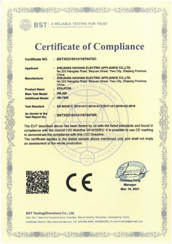 CE - Zhejiang Haohan Electric Appliance Co., Ltd.