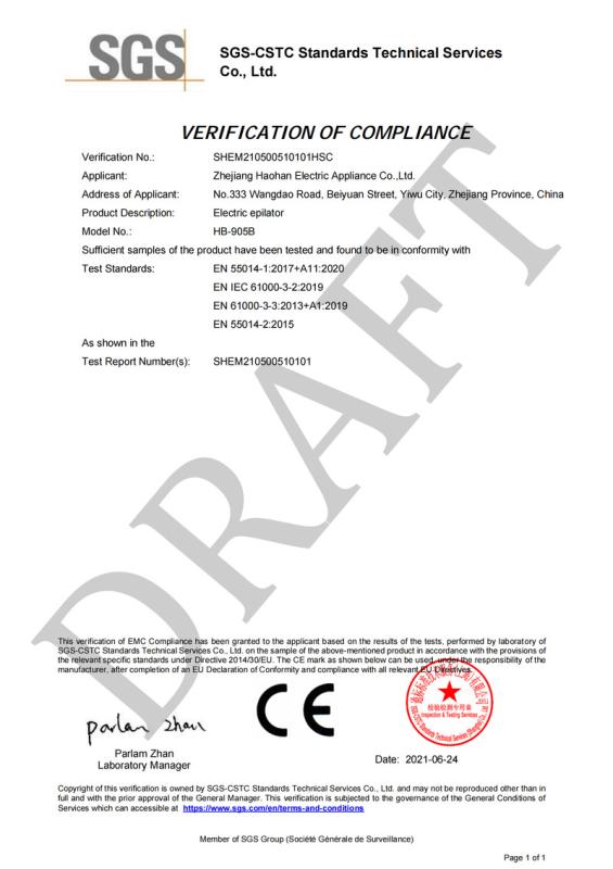 CE - Zhejiang Haohan Electric Appliance Co., Ltd.