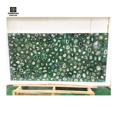 China Translucent Natural Green Agate Gemstone Panel Glass Agate Tiles Decoration Slab for sale