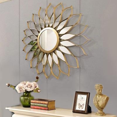 China Best Selling High Quality Round Centerpiece Single Sun Flower Metal Iron Metal Living Room Single Round Wall Bathroom Decorative Large Round Mirror for sale