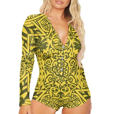 China Viable Low Price Yellow Tribal Stripe Boho Print Plus Size Womens Rompers Jumpsuits Jumpsuits S-4xl Custom One Piece Jumpsuit Long Sleeve for sale