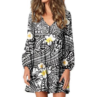 China Fashion Washable Autumn Long Sleeve V-Neck Dress Plus Size Loose Polynesian Samoan Tribal Tattoo Print Casual Elegant Maternity Dress for sale