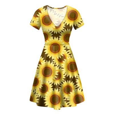 China Breathable Plus Size Polyester Sunflower Fabrics Fashion Party Casual Maxi Summer Dresses Women Custom Logo Print Elegant Short Sleeve Fabric for sale