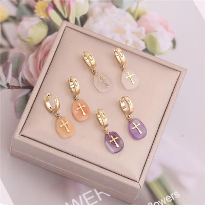 China FASHIONABLE Nature Crystal Stone Stainless Steel Jewelry Set Fashion Roxi Drop Cross Earring And Necklace Set for sale