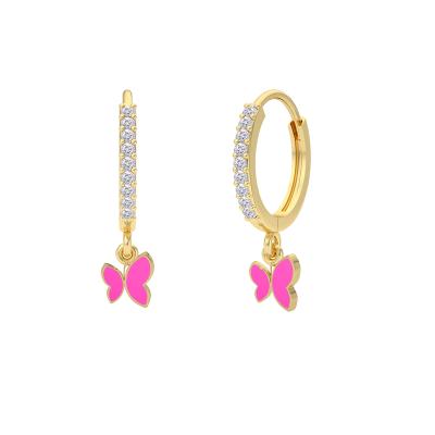 China FASHIONABLE ROXI S925 Silver 18K Gold Light Pink Rose Butterfly Pendant Enamel Hoop Huggie Earrings for sale