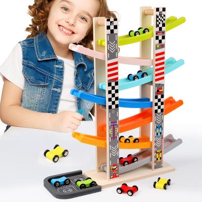 China Educational Toddler Montessori Ramp Racing Wooden Track Car Set Eco-friendly Material Kids Toys 7 Mini Cars for sale