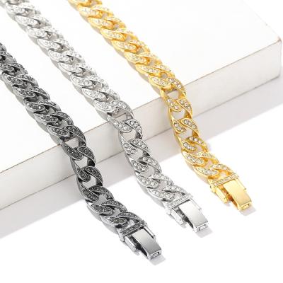 China Hiphop Mens Womens Gold Rhinestones Diamond Hip Hop Thick Hop Iced Out Curb Cuban Link Chain Bracelet for sale