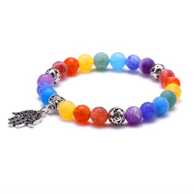 China FASHIONABLE 7 Reiki Yoga Crystals Healing Spiritual Stone Agate Weathered Agate Chakra Hamsa Hand Bead Bracelet for sale