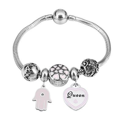 China FASHIONABLE diy stainless steel evil eyes enamel dangling hamsa hand heart charm bangle bracelet jewelry women for sale