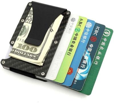 China Fashion Ultra Thin Metal Wallet RFID Pop Up Block Card Case Thin Stand Fiber Credit Card Holder Carbon Magnetic Leather Wallets for sale