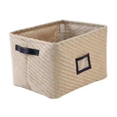 China Viable Hot Selling Coffee Color Rectangular Storage Baskett Burlap PE Leather Handle Bracket With Handles for sale