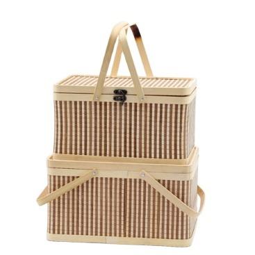 China Sustainable Customized Square Vegetables Fruits Bamboo Wicker Egg Rattan Picnic Baskets With Handle Lid for sale