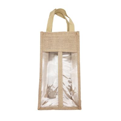 China Custom Handled With Hessian Burlap Tote Gift Wine Bag Hemp Window Carrier Clear Burlap Cooler Bottle Carrier for sale