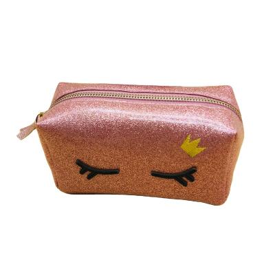 China Fashionable Girl's Eye Embroidery Glitter PU Cosmetic Bag , Make Up Bag for sale