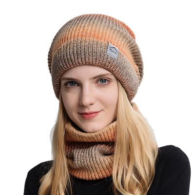 China Autumn And Winter Gradient Wool Slouch Hat Thickened Knitted Two Piece Set Cold Warm Beanie Hat Hearing Protection Hat for sale