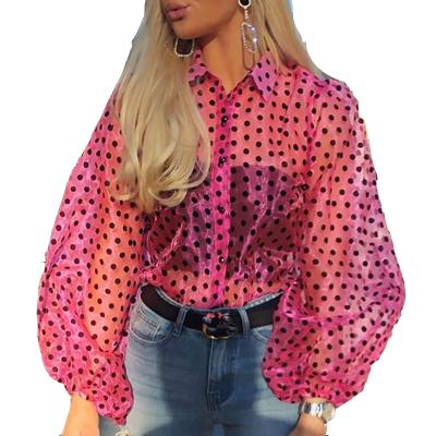 China W0641 Breathable Polka Dot Women Blouse Retro Lady First Autumn Modern Mesh Shirt See Through Loose Button Puff Long Sleeve Tops for sale