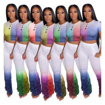 China QUICK DRY Fitness Gear W0999 Gradient Matching Set Women Set Two Piece Set Tracksuit Tee Tops Bell Jogger Bottom Stacked Pant Suit for sale