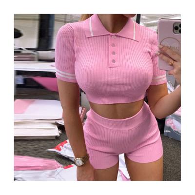 China W0834 2020 New Women's Two Piece Set Breathable Knit Cotton Short Sleeve Summer Crop Top Shorts Outfit Casual T-shirt Stylish 2 Piece Set for sale