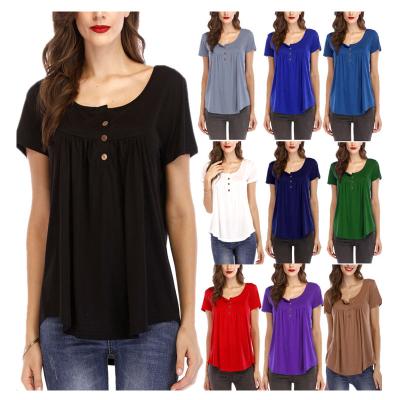 China Fashion W0530 Breathable Women Lady Loose Blouse Solid Short Sleeve T-shirt Side Three Buttons Women Loose Casual Tunics Tops for sale