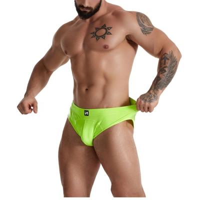 China PU & Sexy Polyester Men's Sexy Underwear Lingerie PU Boxer Exotic Back Open Fluorescent Green Leather Briefs Stretch Tight Jockstraps For Gay for sale