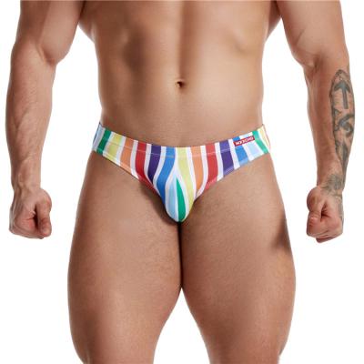 China Men's Gay Boys Underwear Breathable Sexy Stripe Thongs G-string Bulge Colorful Rainbow Briefs Short Breathable Briefs For Man for sale