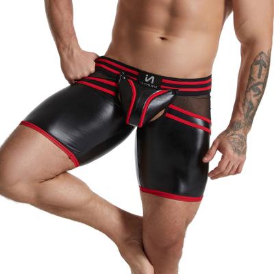 China Factory Breathable OEM Custom LOGO PU Sexy Boxer Backrest Shorts Mens Leather Biker Shorts Man Trunks Zipper Back Sexy Boxer Briefs underwear for sale