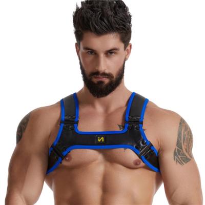 China Leather Sexy Blue Shoulder Pads Harness For Men Body Strap Cage Bondage Lingerie Leather Harness Body Harness for sale