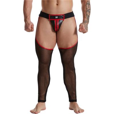 China PU & Hot Sexy Night Club Men's PU Leather Underwear Transparent Mesh Leggings Polyester For Gay Gear Sexy Mesh Long Johns Gaiters Massive Mesh for sale