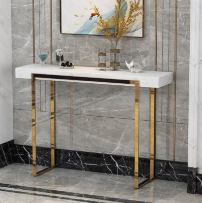 China 2021 New arrival modern home living room furniture hotel console table white marble outdoor rectangle marble table with gold frame for sale