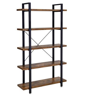 China Modern 5 Layer Industrial Antique Wood Bookcase Metal Frame Vertical Shelf Suitable For Living Room Office Storage Rack for sale