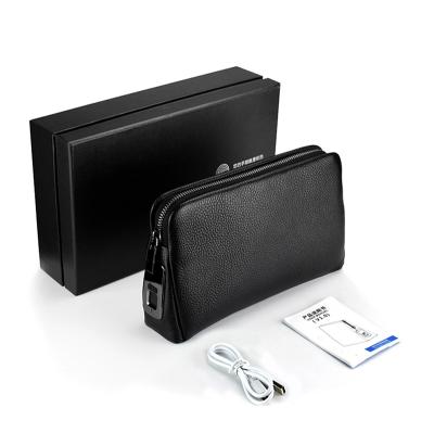 China Portable Anti Theft Fingerprint Lock Businessman Unique Zipper Leather Bags Clutch Purse Handbags for sale