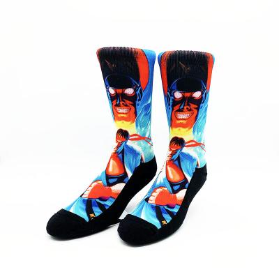 China QUICK DRY Custom Design Men's Novelty 360 Blue And Red Polyester Crew Length Print Sublimation Digital Socks for sale