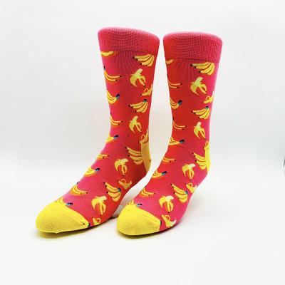 China QUICK DRY Custom Design Womens Red Happy Crew Length Yellow Fruit Combed Cotton Socks for sale