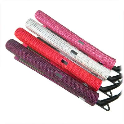 China Lcd Temperature Display Private Label High Temperature Ceramic Titanium Flat Iron Bling Diamond Pink Crystal Hair Straightener Online for sale