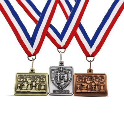 China Art Design Your Own Medal Zinc Alloy Sports Competition Chess Folk Antique Gold Award Medal With Lanyard for sale