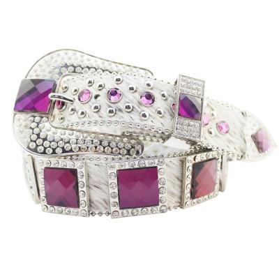 China Belt Western Cowboy Cowgirl Riding Leather Belt With Hair-over-skin Rhinestone Diamond Bling Western Belts For Women Custom for sale