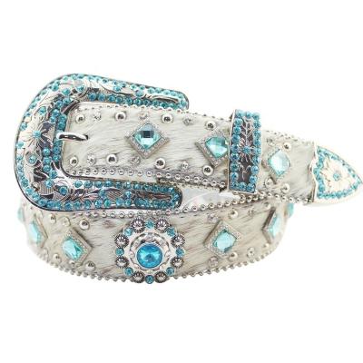 China Crystal Diamond Metal Concho Cowgirl Hair Western Belt Water Shine Cowgirl Belt Women's Western Belt for sale