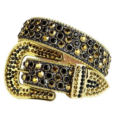 China Belt SINCE 1979 Western Bling Crystal Gold colored rhinestone and cowboy studded black belt Removable Rhinestone Buckle Belt for men for sale