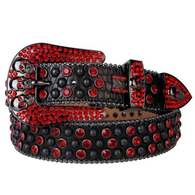 China Retro Rhinestone Belt Men's Bling Light Siam Rhinestone Belt Pumpkin Studded Cowboy Western Belt with Custom Removable Skull Buckle for sale