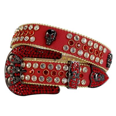 China Customized Rhinestone Belt Big Western Men's Cowboy Studded Belt with Skull Conchos Rhinestone Leather Belts for Women Cowgirl for sale