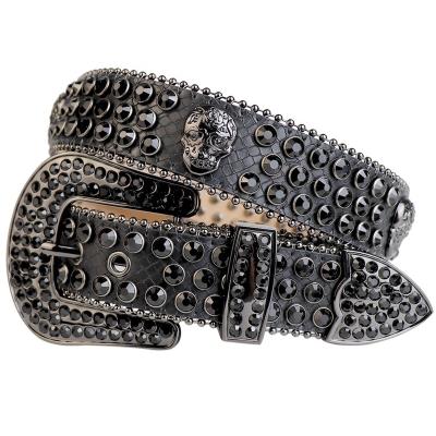 China Factory Wholesale Removable Rhinestone Bling Bling Belt Black Skull Belt Cowboy Buckle Rhinestone Studded Belt For Men Women Unisex Famous Brand for sale